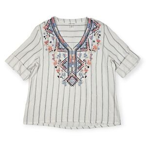 Tribal Jeans White Striped Embroidered‎ Blouse Women's Size Petite Small